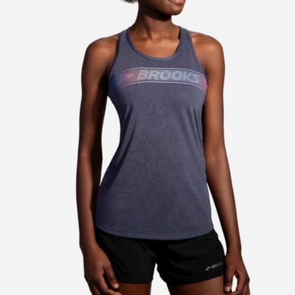 Brooks Tops - BROOKS Women's Distance Graphic Racerback Blue Athletic Tank Sz. Medium EUC